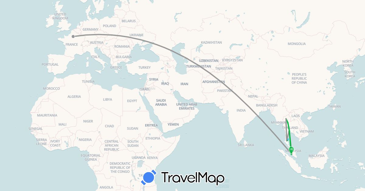 TravelMap itinerary: bus, plane, boat in France, Malaysia, Thailand (Asia, Europe)